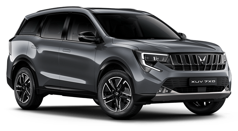 Mahindra XUV 7XO in Galaxy Grey, front three-quarter view
