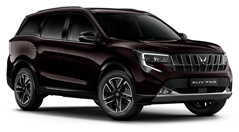 Mahindra XUV 7XO in Ruby Velvet, front three-quarter view