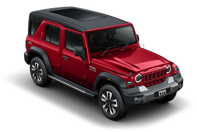 Mahindra Thar ROXX in Tango Red, front three-quarter view