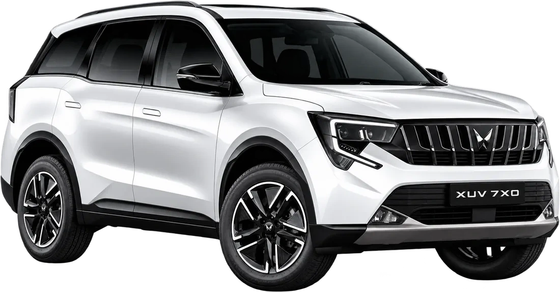 Mahindra XUV 7XO in white with a black roof, front three-quarter view