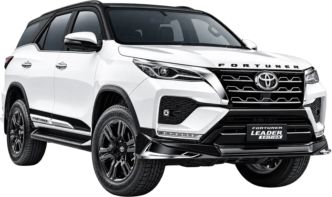 Toyota Fortuner Leader Edition in white with a black roof, front three-quarter view