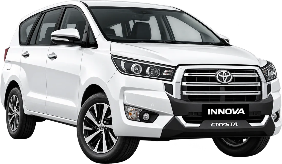 Toyota Innova Crysta in white, front three-quarter view