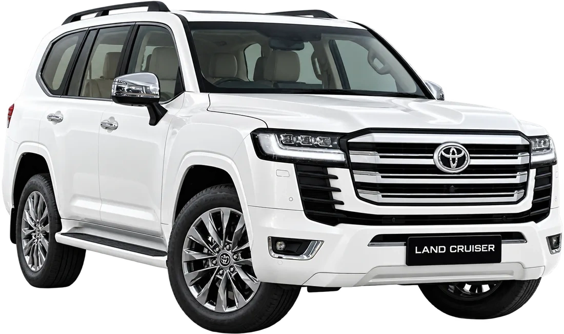 Toyota Land Cruiser 300 in white, front three-quarter view
