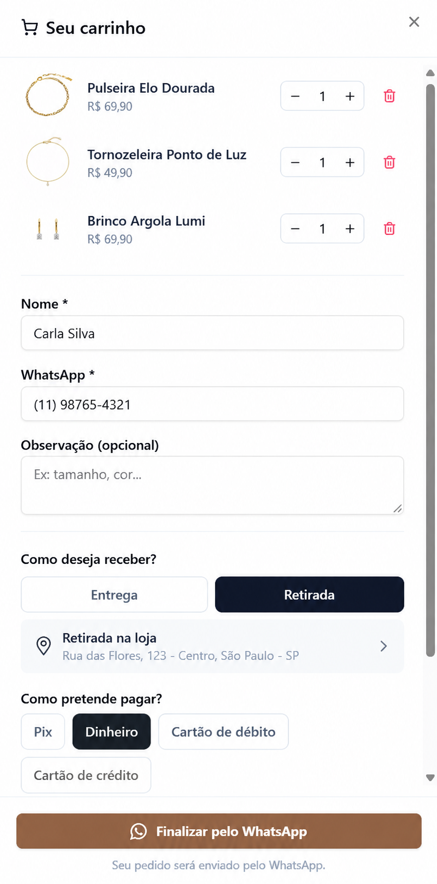 Carrinho e finalização de pedido