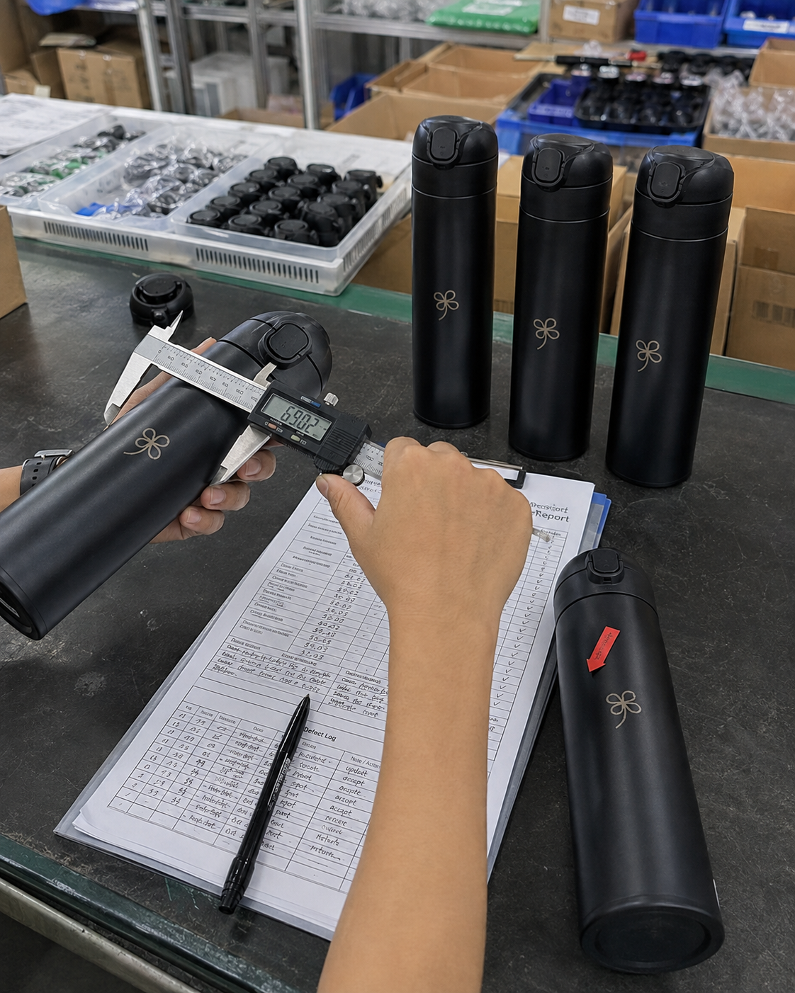 Printed inspection report with measurements and defect log