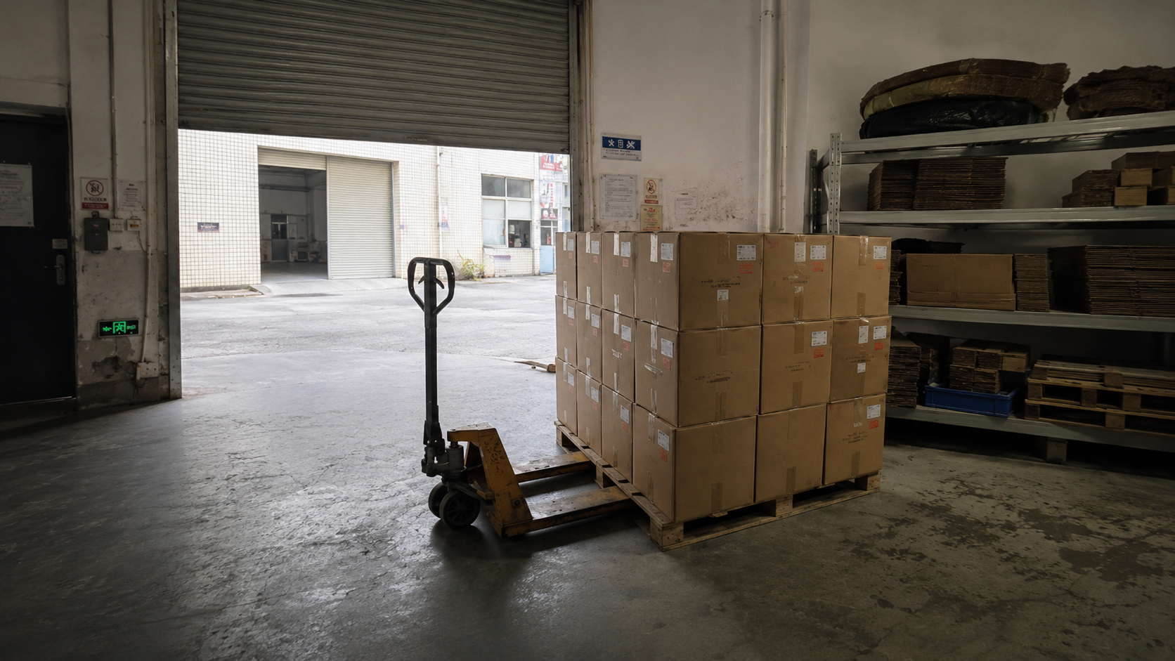 Cartons stacked on a factory floor awaiting despatch