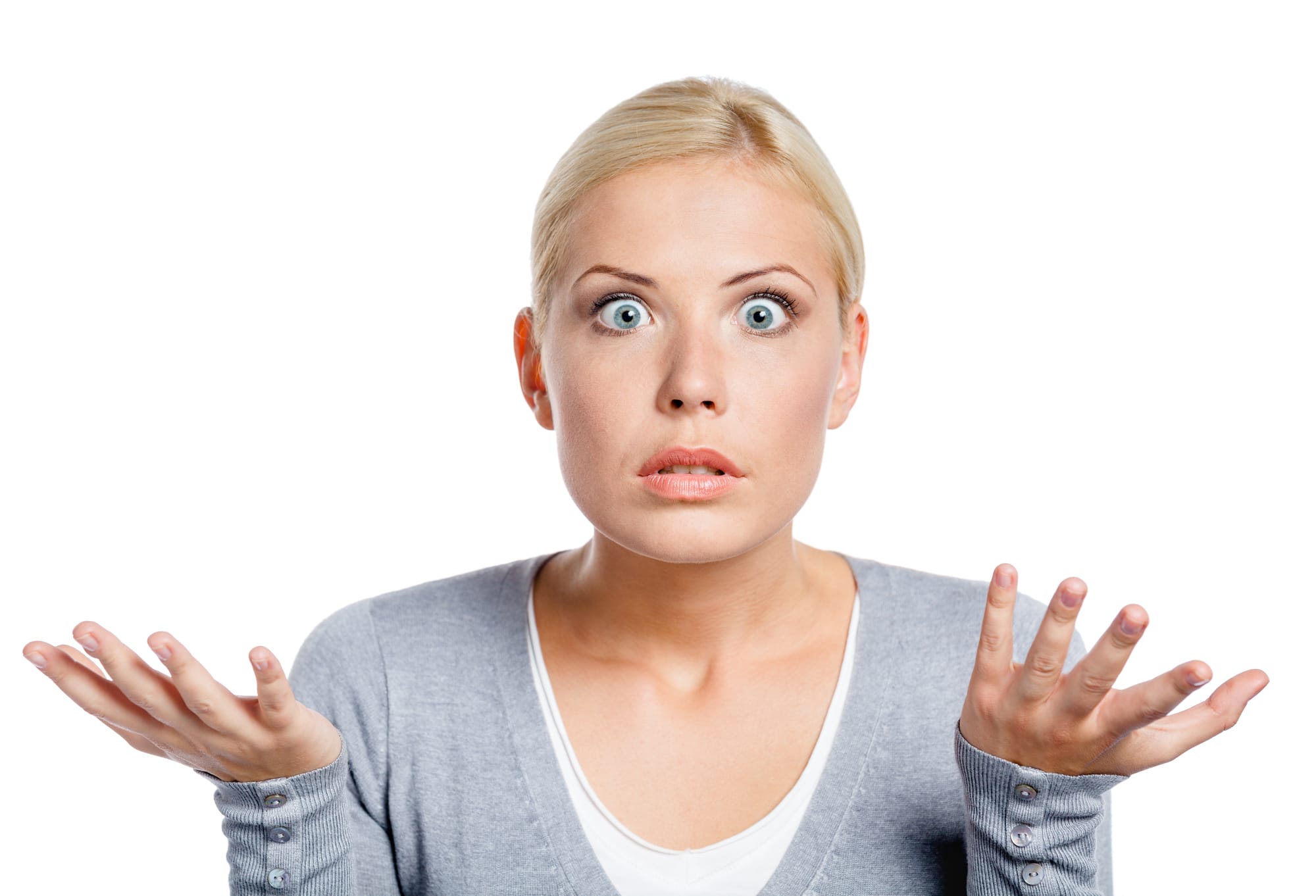 Worried woman spread hands Worried woman shrugging