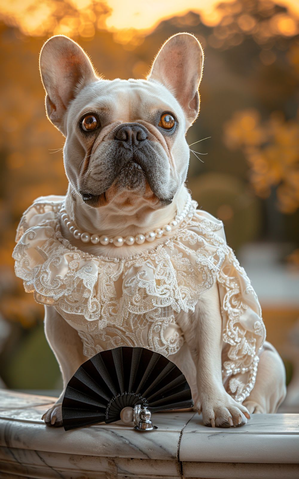 Countess Penelope, a French Bulldog, in the estate garden.