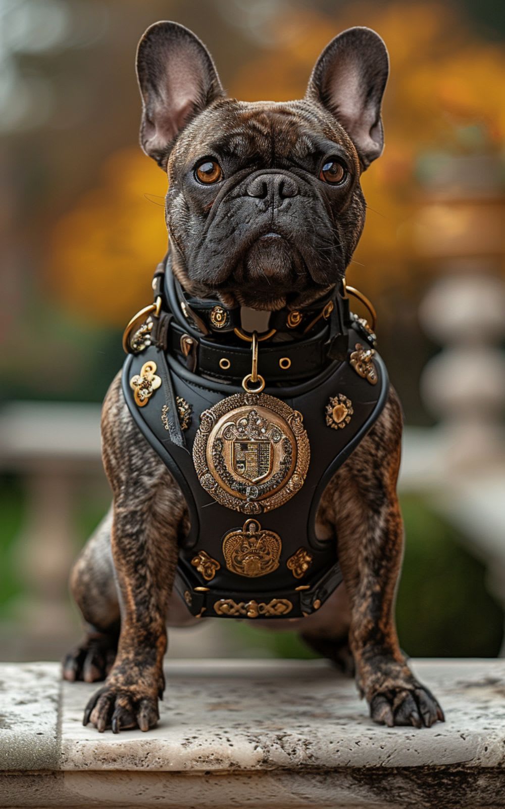 Sir Winston, a French Bulldog, in a royal portrait in the estate garden.