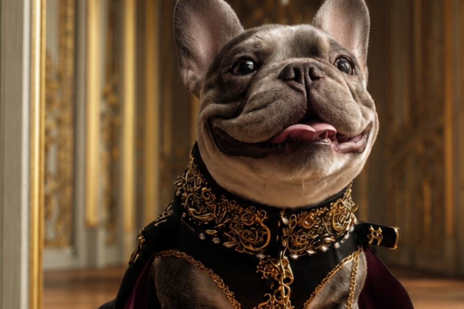 A French Bulldog royal portrait in the estate hallway.