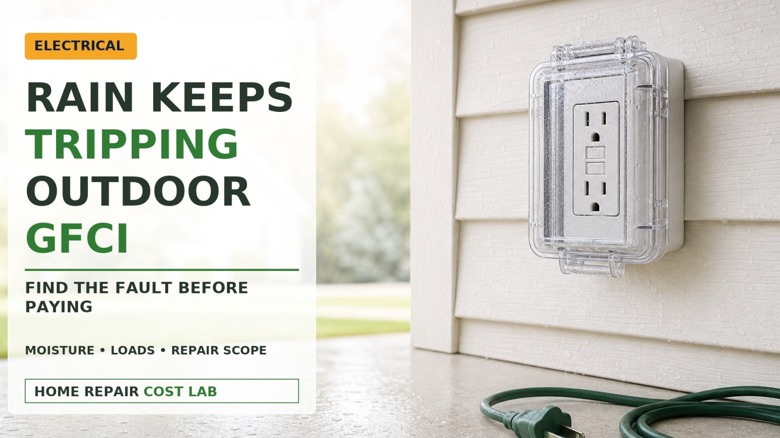 Weatherproof cover closed over an exterior GFCI outlet on residential siding after rain