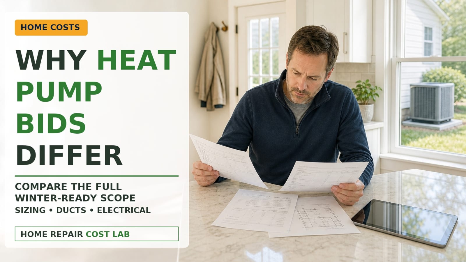 Homeowner comparing written cold-climate heat pump estimates that list equipment, ductwork, electrical work, and permit details.