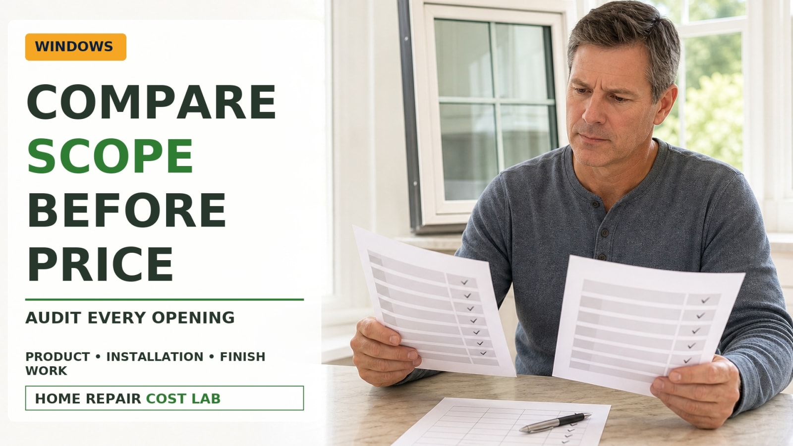 Homeowner comparing two window replacement proposals with a worksheet for product details, installation scope, finish work, and warranties