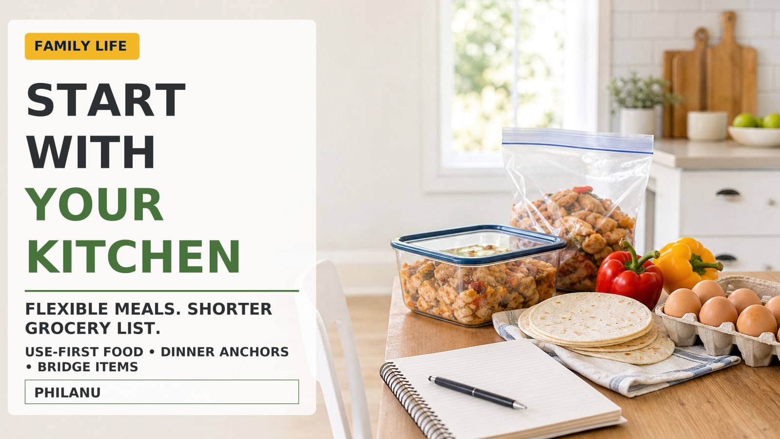 Weekly meal note and short grocery list beside tortillas, eggs, vegetables, leftovers, and freezer food in a family kitchen.
