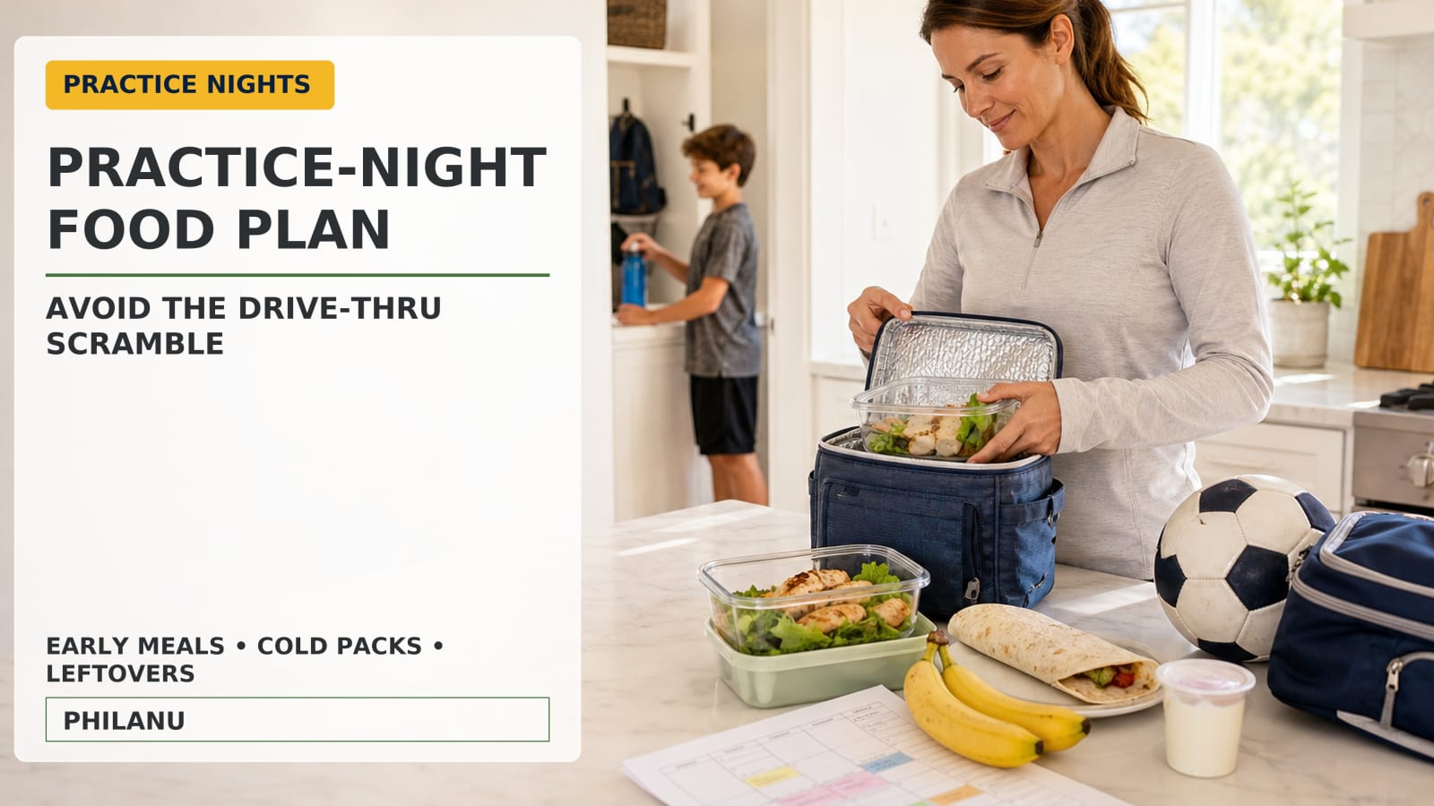 Parent packing an insulated bag with a wrap, fruit, yogurt, and leftovers beside children's sports gear in a family kitchen.