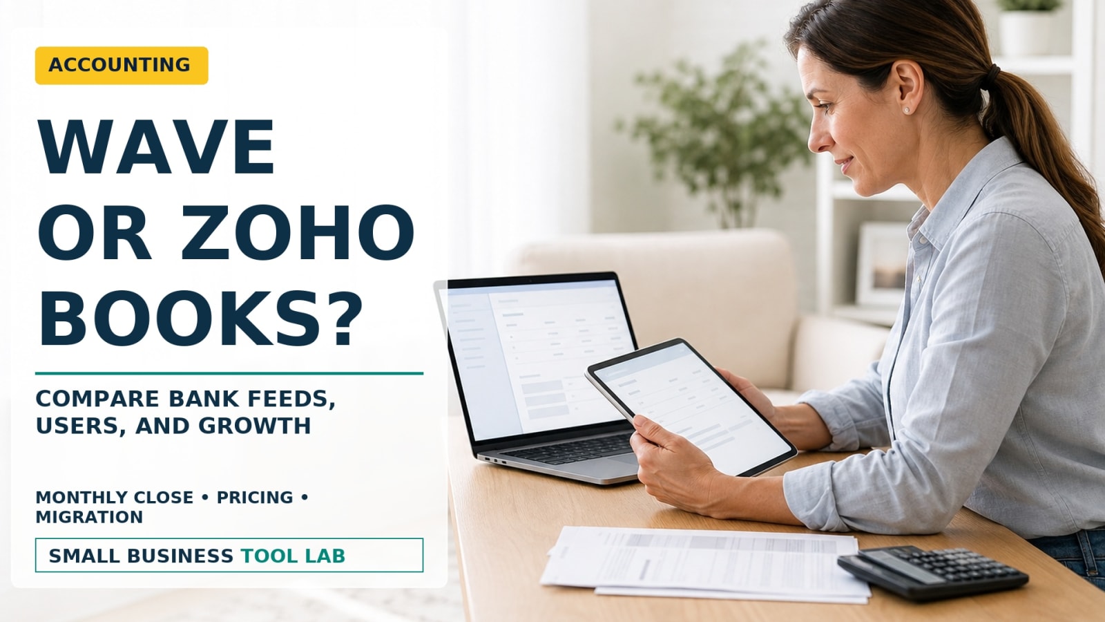 Small service-business owner comparing accounting software choices beside a bank statement and calculator in a home office