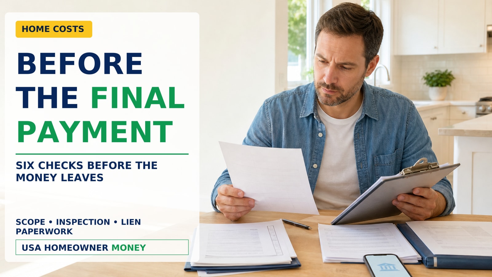 Homeowner reviewing a contractor invoice, punch list, final inspection status, warranties, and lien paperwork before making the last payment.