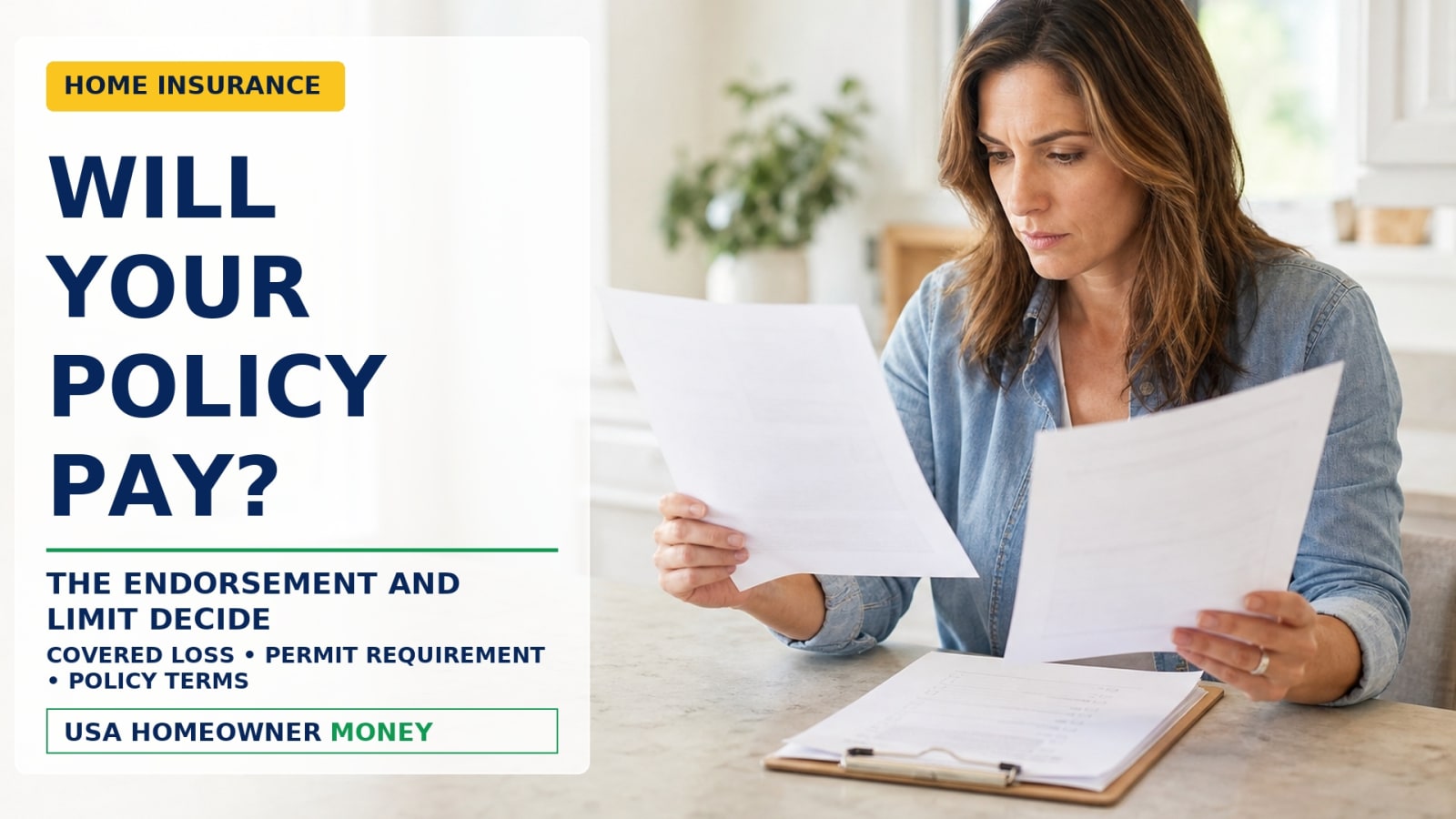 Homeowner reviewing insurance policy declarations, a permit notice, and a repair estimate for building-code upgrade costs.