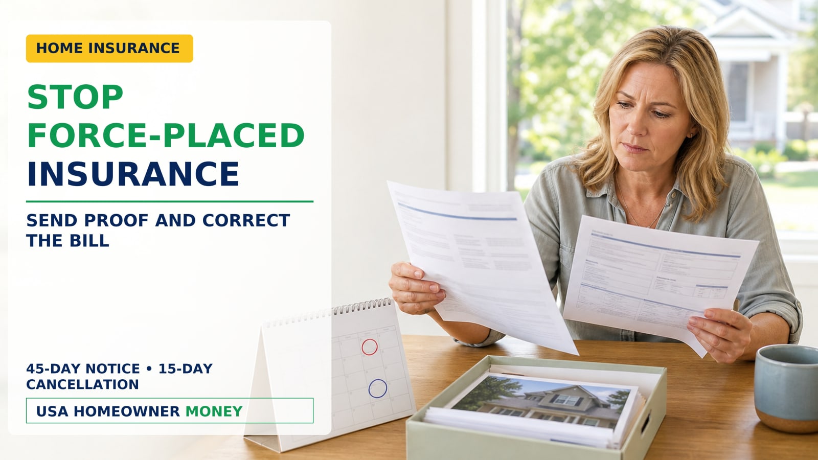 Homeowner reviewing a force-placed insurance notice, coverage declarations page, and federal deadline calendar
