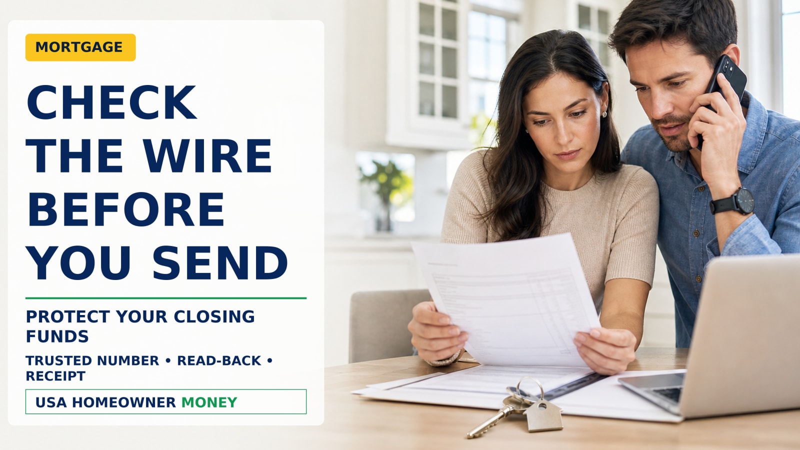 Homebuyers use a trusted phone number to verify mortgage closing wire instructions before sending their down payment.