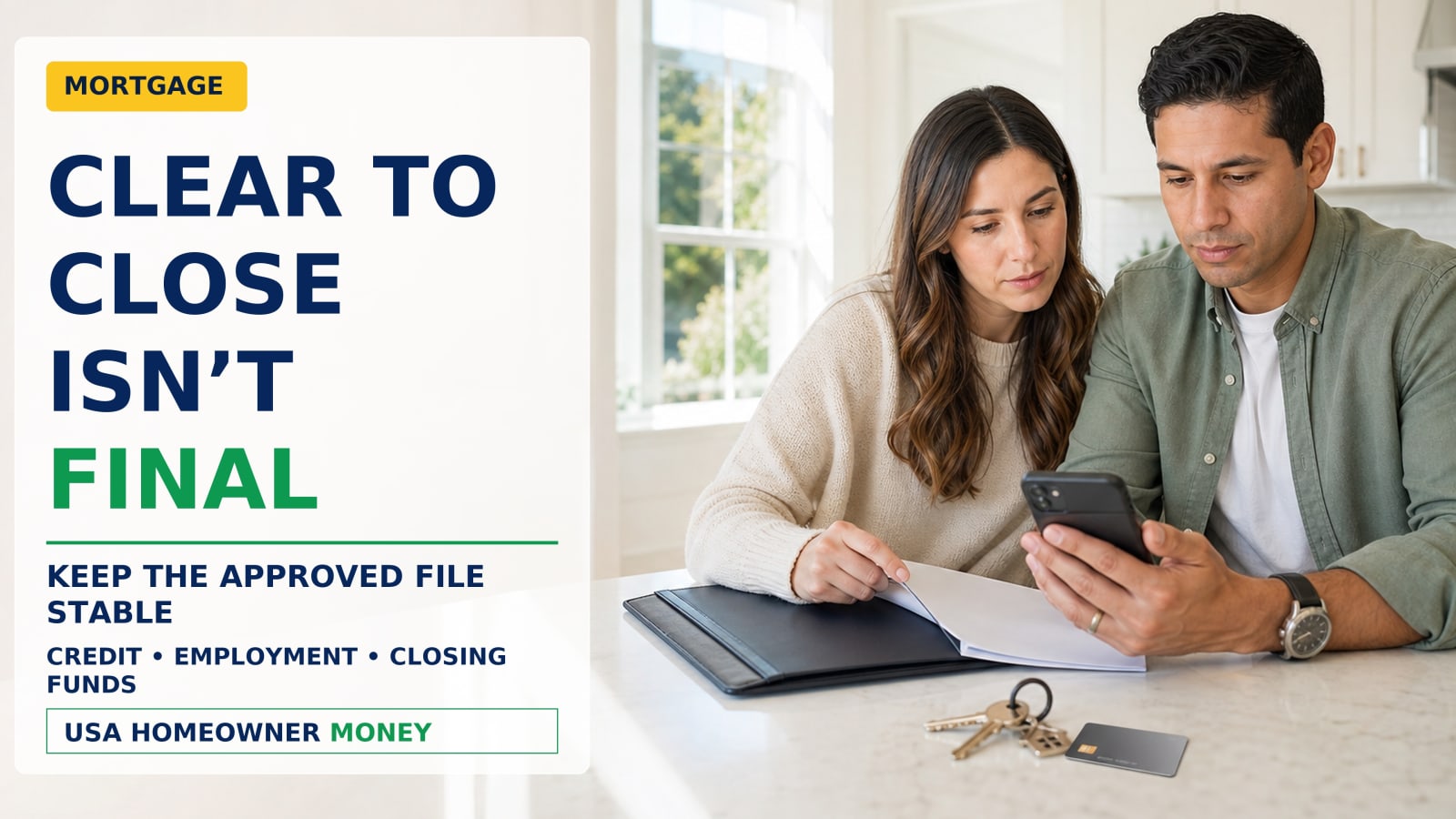 Homebuyers reviewing mortgage papers and checking a suspicious closing-funds message before sending money.