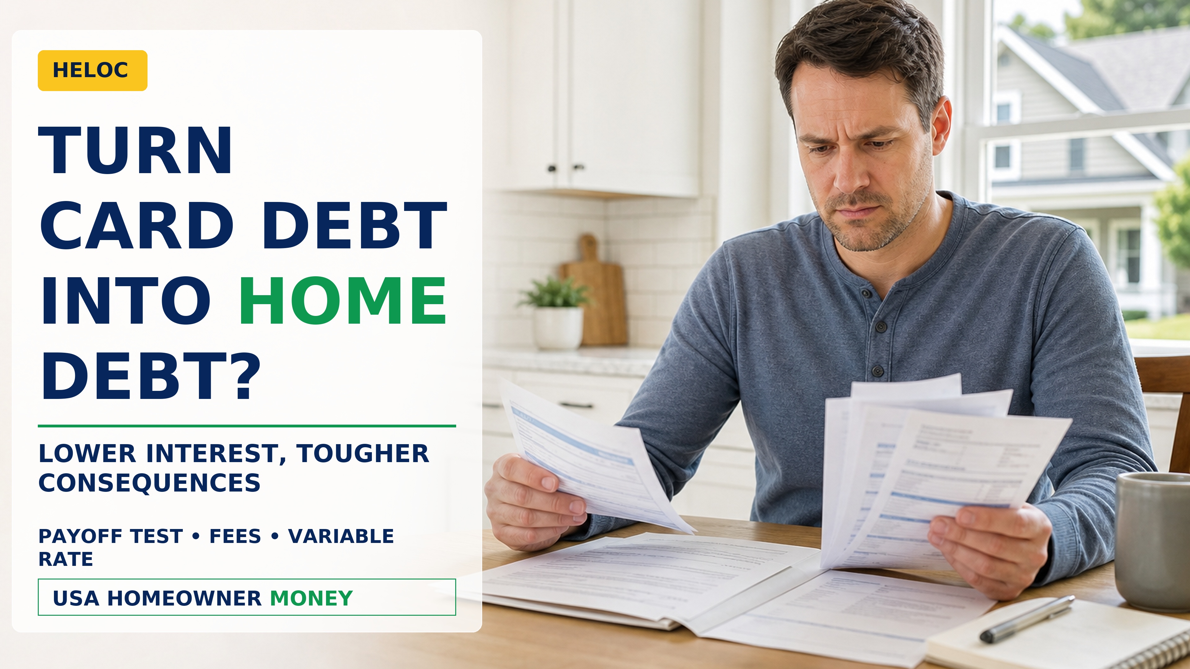 Homeowner comparing credit card statements and HELOC terms while weighing lower interest against the risk of securing debt with the home.