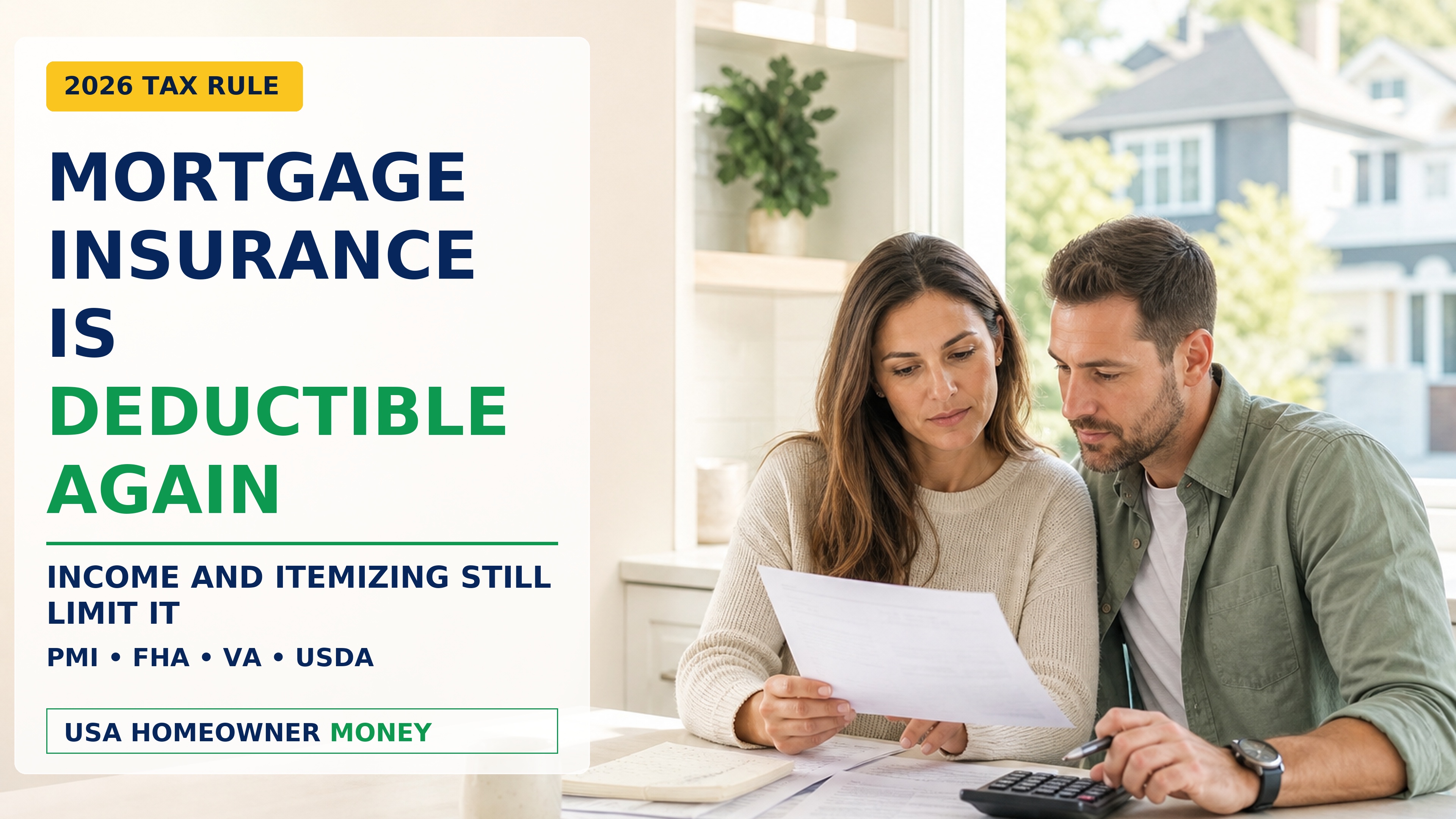 Homeowners reviewing Form 1098 and mortgage records to check whether their 2026 mortgage insurance premiums are deductible.