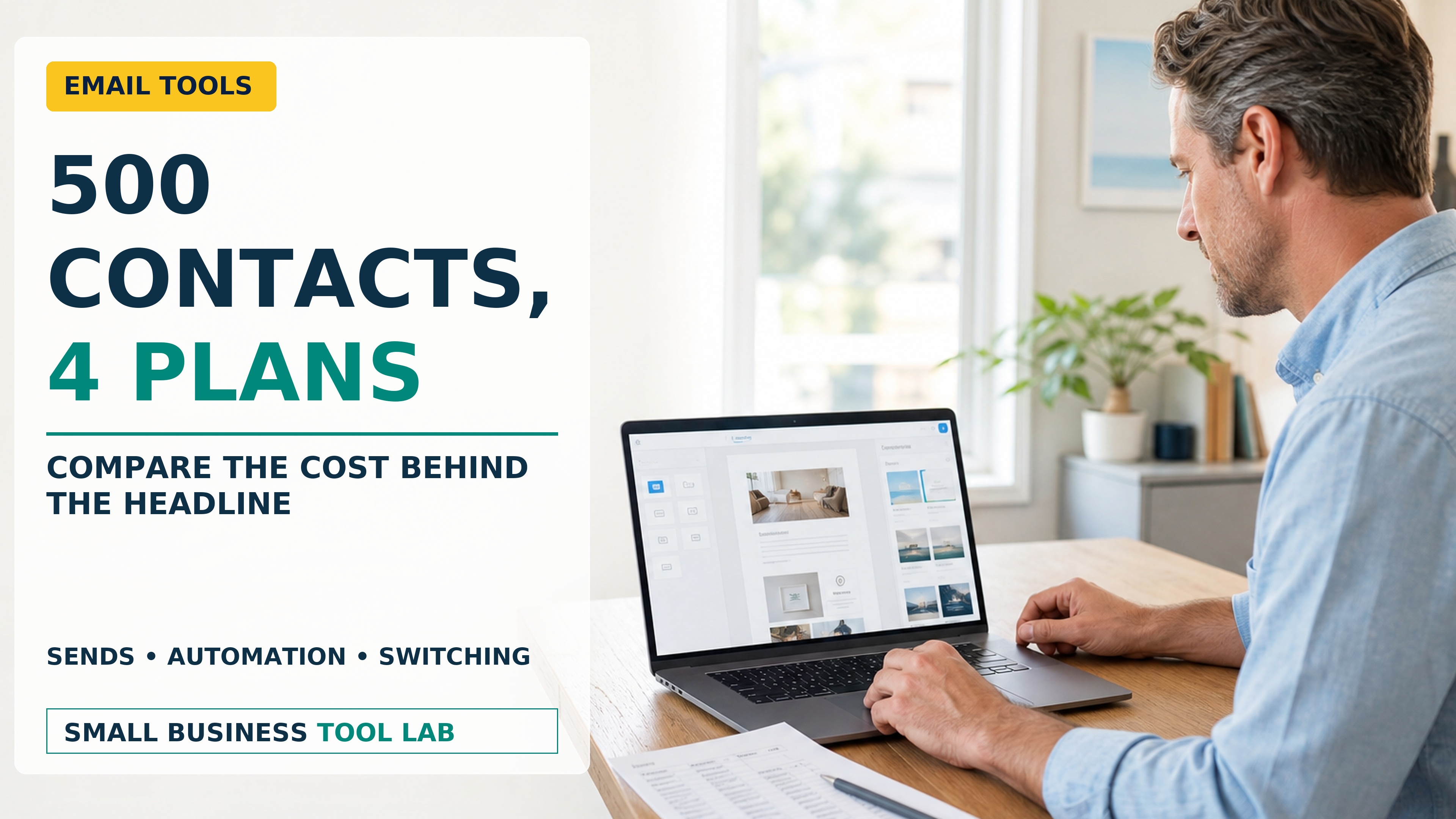 Small-business owner comparing email marketing plans for a list of 500 contacts