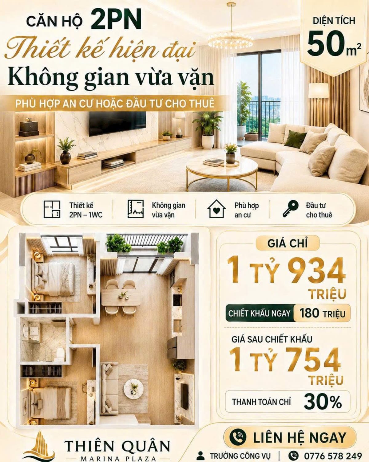 Bán căn hộ 2PN 50m² Thiên Quân Marina Plaza - 1 tỷ 754 triệu