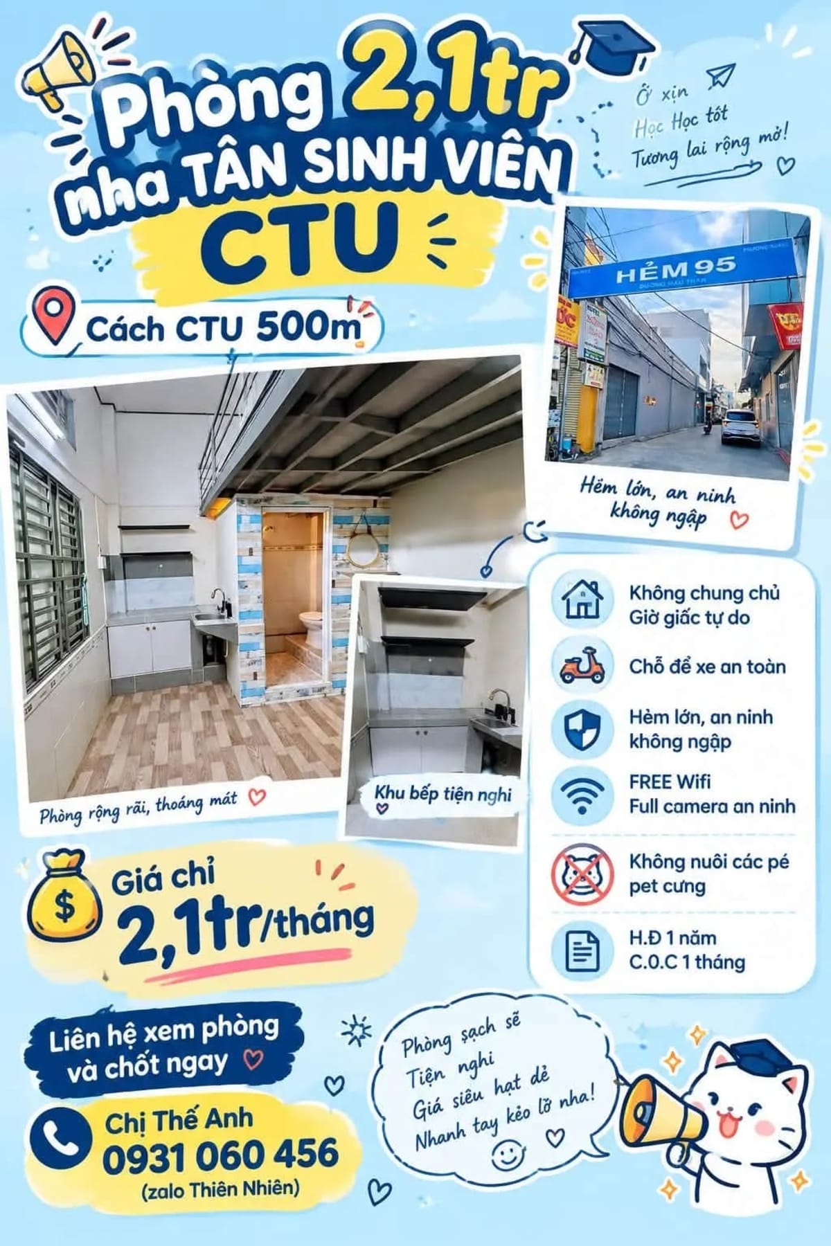 Cho thuê phòng trọ gần ĐH Cần Thơ - 2.1 triệu/tháng