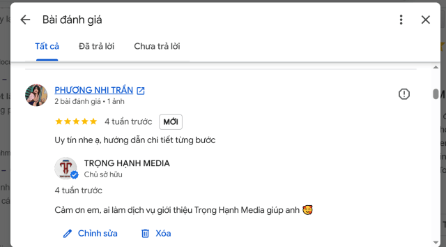 Đánh giá Google 5 sao của khách hàng Phương Nhi Trần cho Trọng Hạnh Media