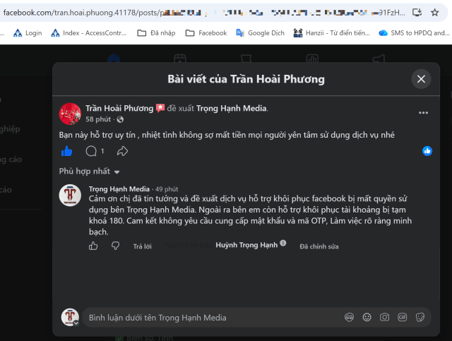 Khách hàng Trần Hoài Phương giới thiệu dịch vụ Trọng Hạnh Media trên Facebook cá nhân