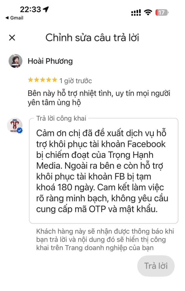 Đánh giá Google 5 sao của khách hàng Hoài Phương cho Trọng Hạnh Media