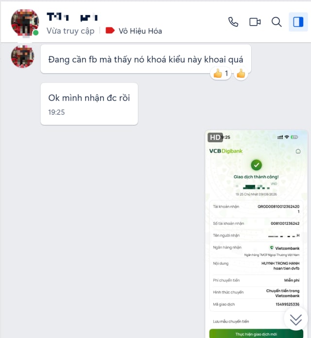 Biên lai hoàn tiền cho khách hàng khi không lấy lại được tài khoản Facebook, đã che tên khách