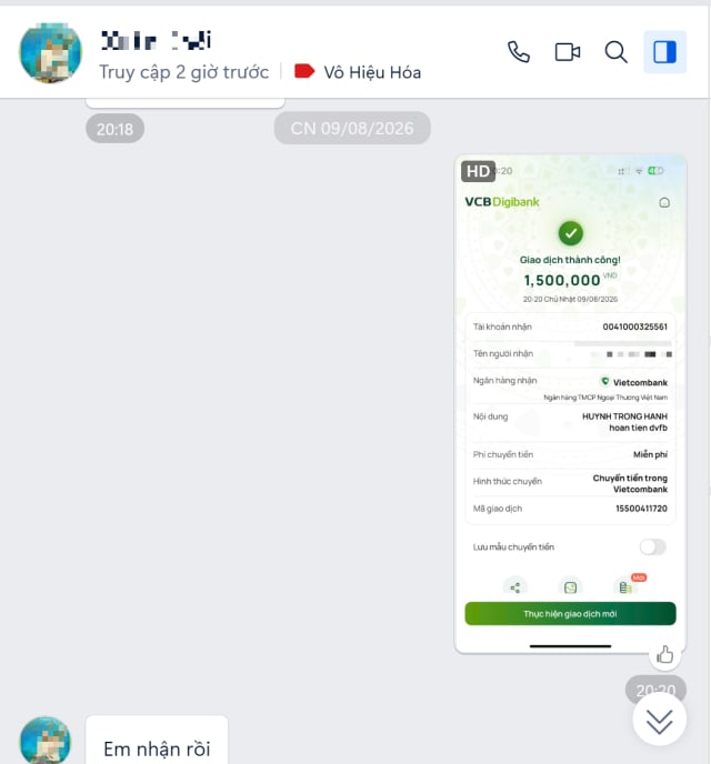 Biên lai hoàn tiền đặt cọc khi không xử lý được tài khoản Facebook bị khóa vĩnh viễn, đã che tên khách