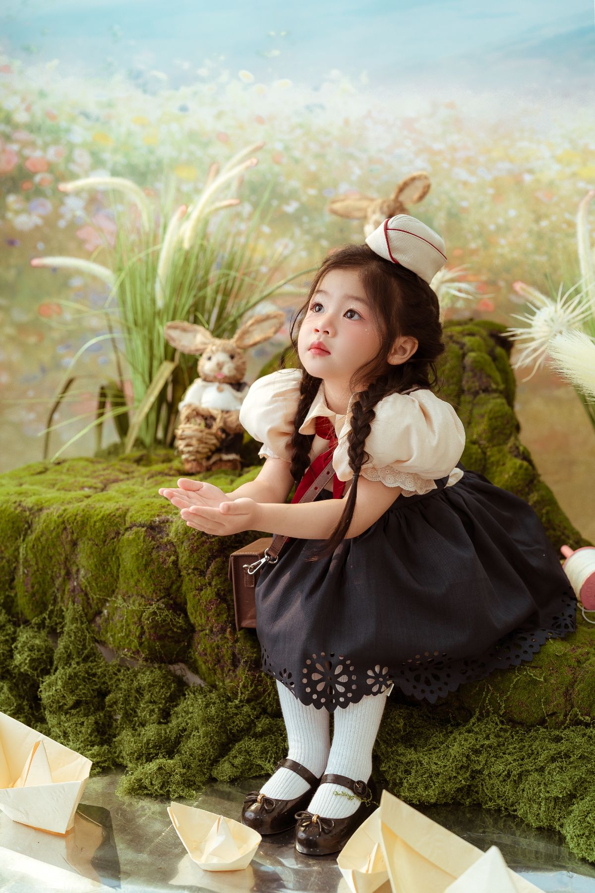 Bé gái ngồi trên đồi cỏ chụp ảnh kỷ yếu mầm non Đà Lạt dã ngoại