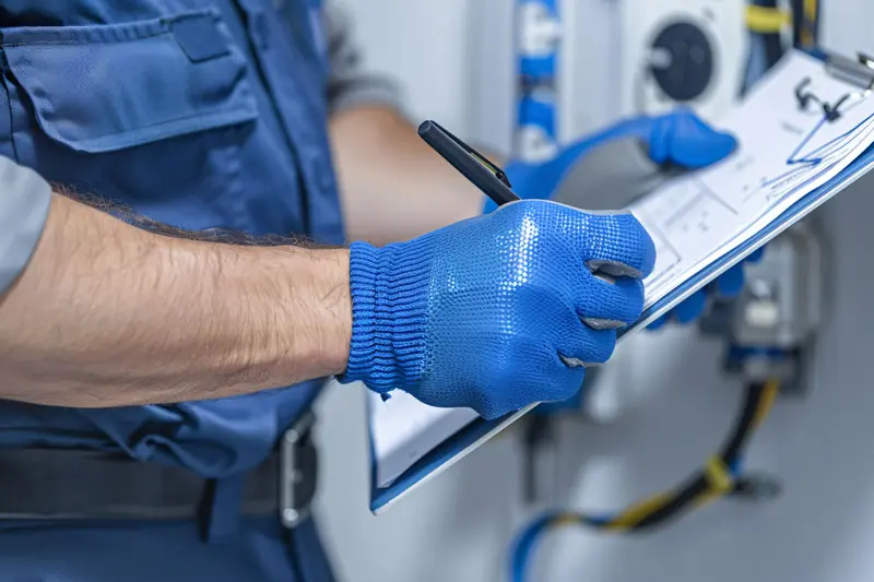 Technician reviewing a maintenance checklist on equipment