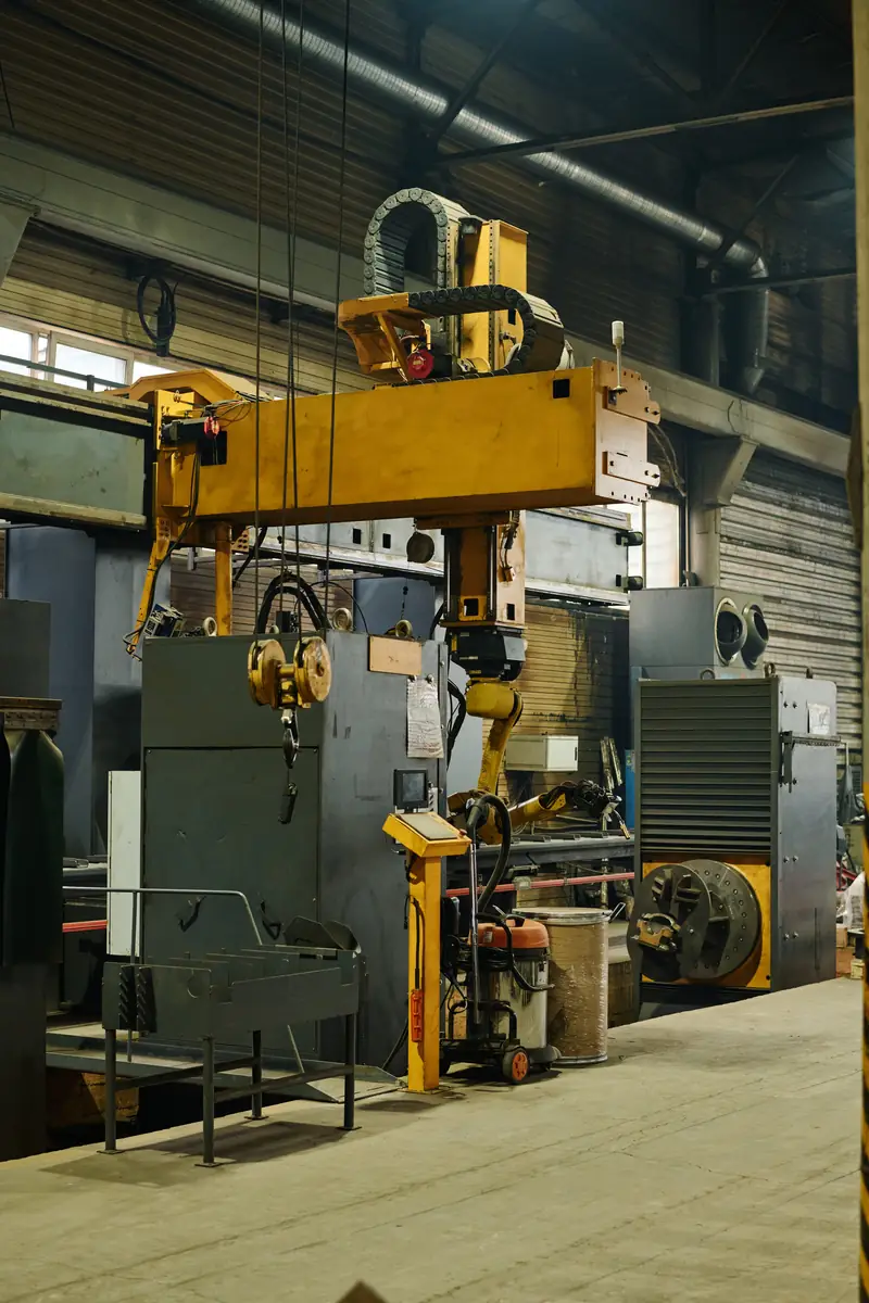 Industrial robotic welding arm in a fabrication warehouse