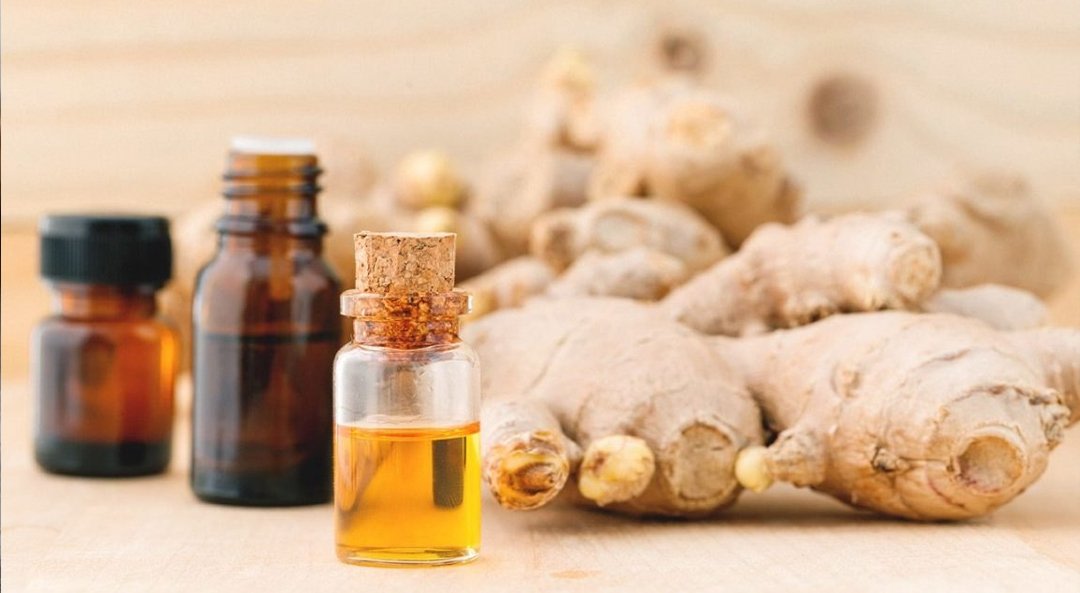Ginger oil bottles beside fresh ginger roots