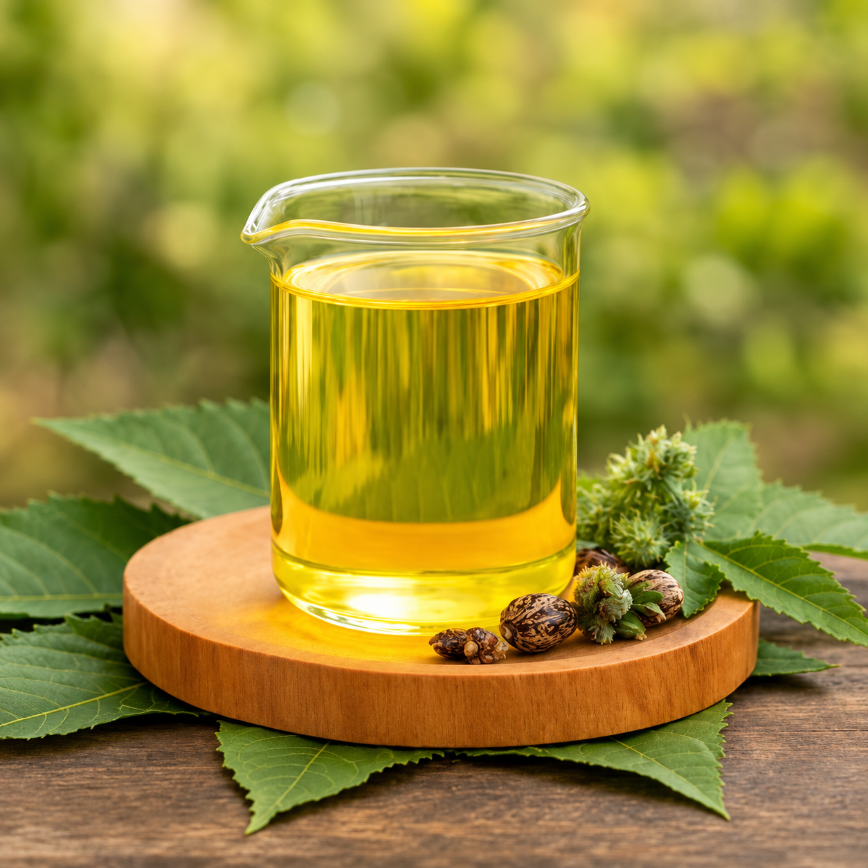 A glass beaker filled with yellow liquid sits on a wooden round base, surrounded by green leaves and seeds.