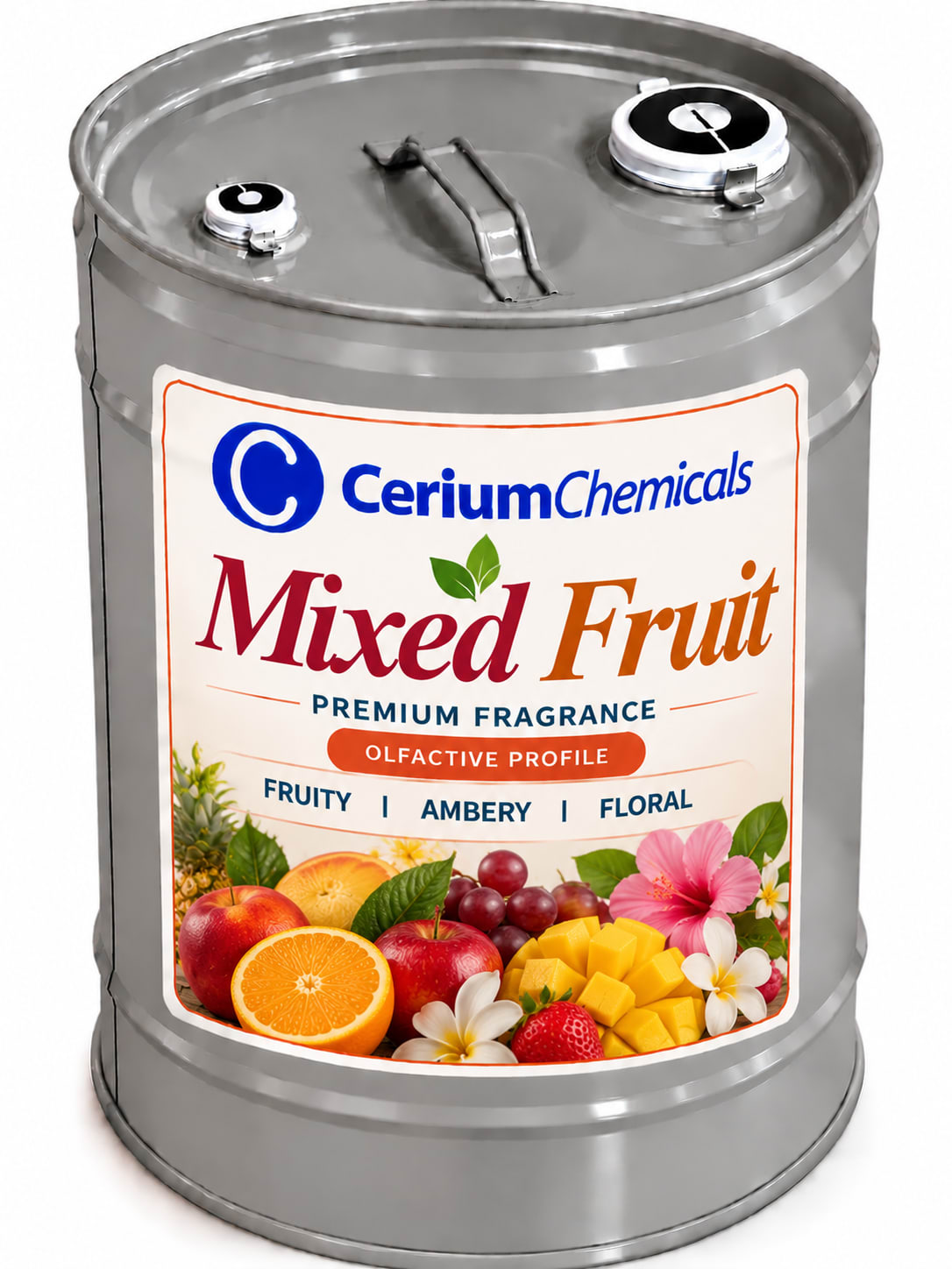 A metal drum labeled 'Mixed Fruit' with a white and blue design, indicating it is a fragrance for personal care products.