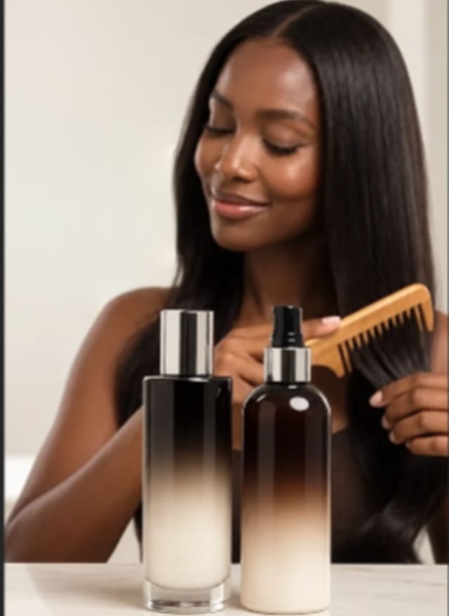 A woman combing her long hair beside conditioning products.