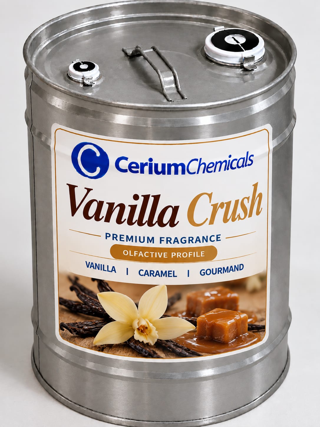 A metal container labeled 'Vanilla Crush' with a lid and two openings, featuring product information and storage instructions.