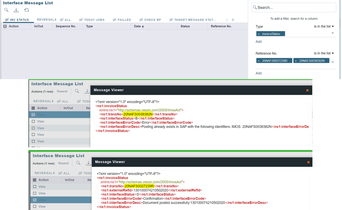 Interface Message List - Search type 
