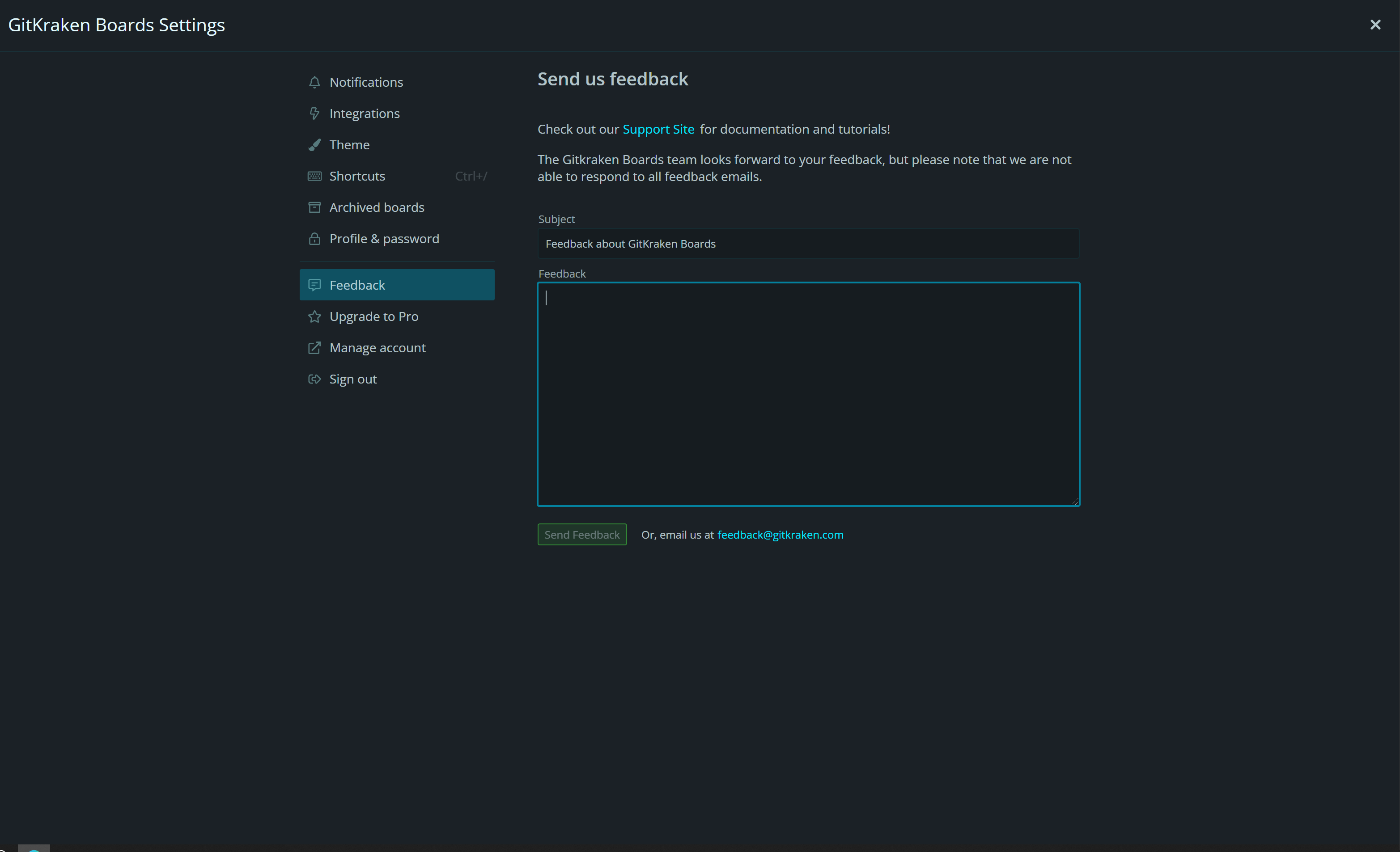 Link to this board from the feedback button under user icon - GitKraken