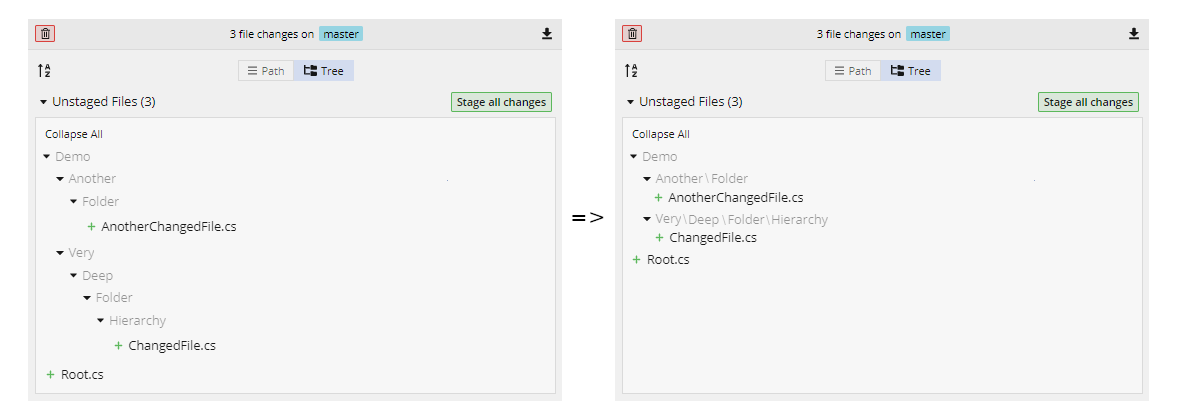 Simplified / inlined folders in Tree view of the Commit panel - GitKraken