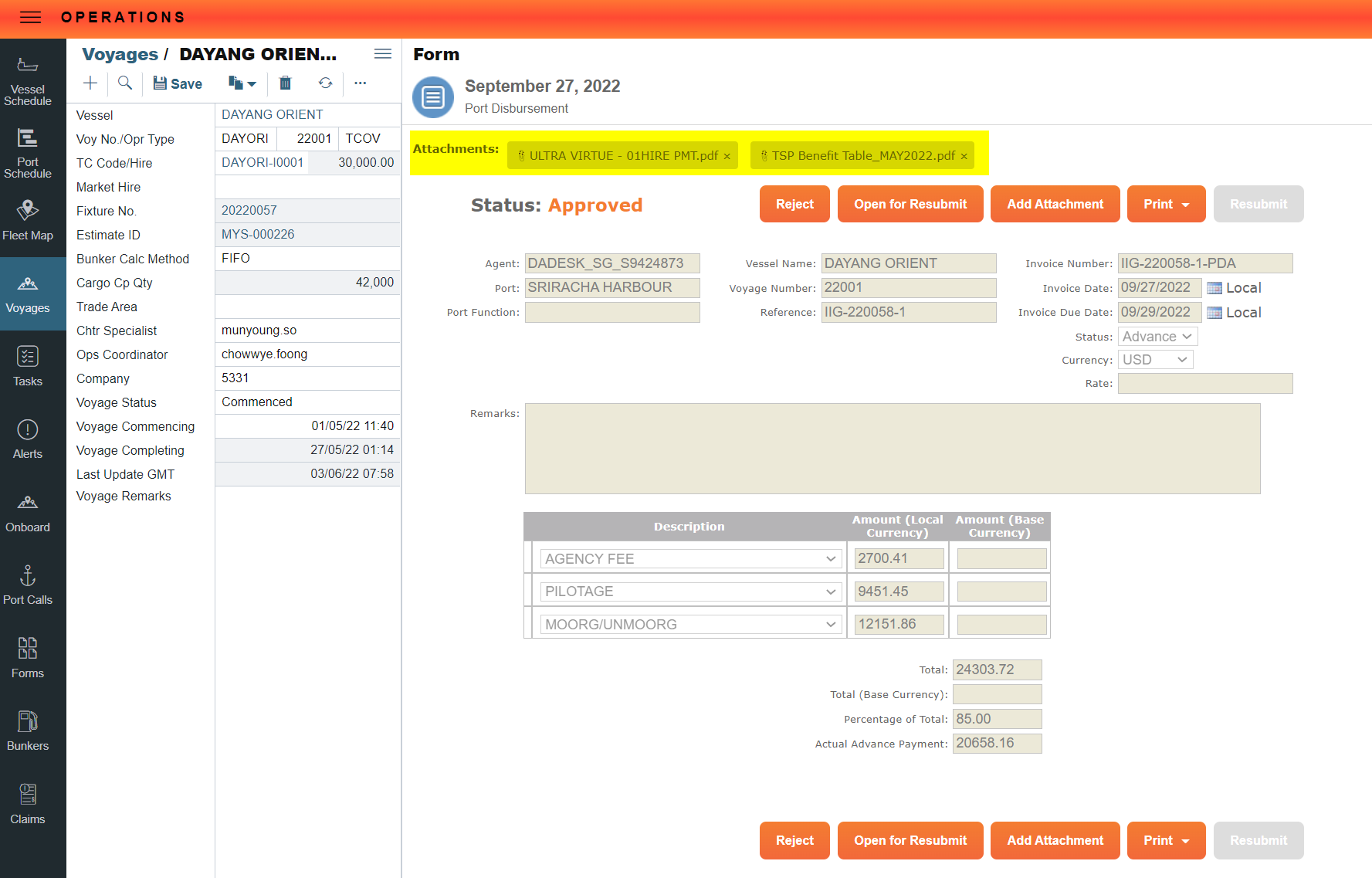 Attachment in PDA/FDA form to carry into PDA/FDA invoices Veson Nautical Feature Board