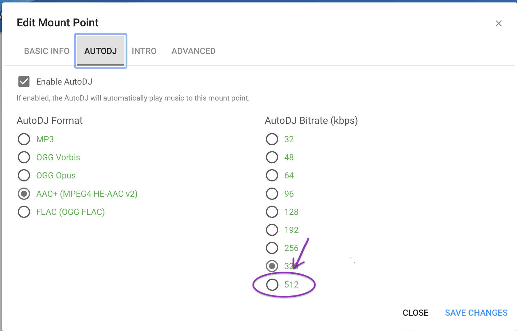 add AAC bitrate 512kbit AzuraCast
