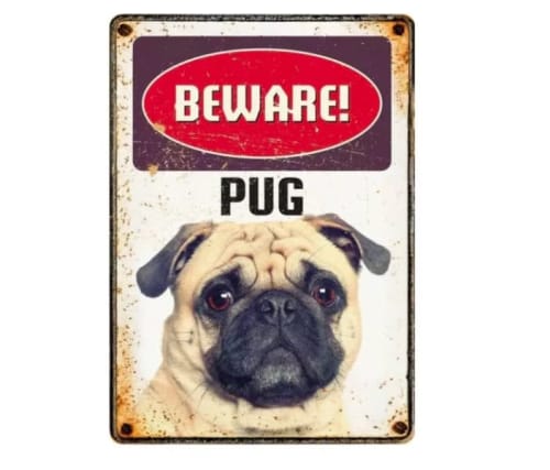 Metallskilt Beware Pug 21x14,8cm