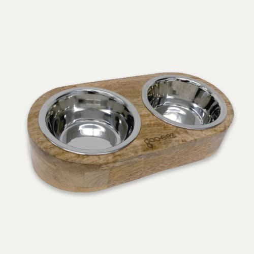 Hunde/Katteskål Dobbel Skråstilt 2x370ml Mangotre/Rustfritt Stål